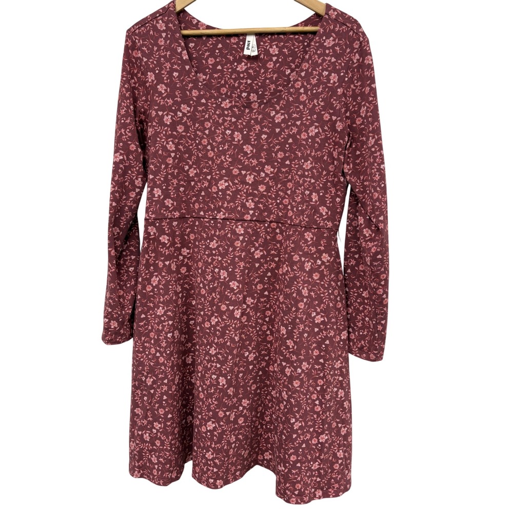 Pact Organic Cotton Long Sleeve Floral Fit & Flare Dress Burgundy Pink rose XL